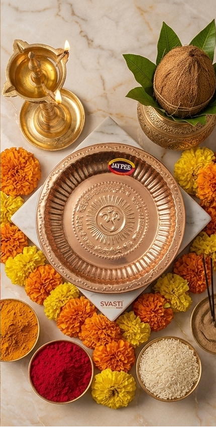 Copper plates with decorative elements on a marble surface