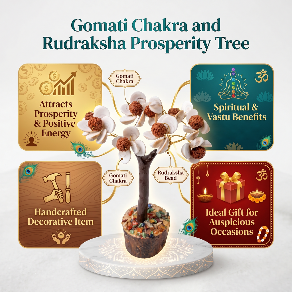 Gomati Chakra and Rudraksha Prosperity Tree with promotional text on a white background