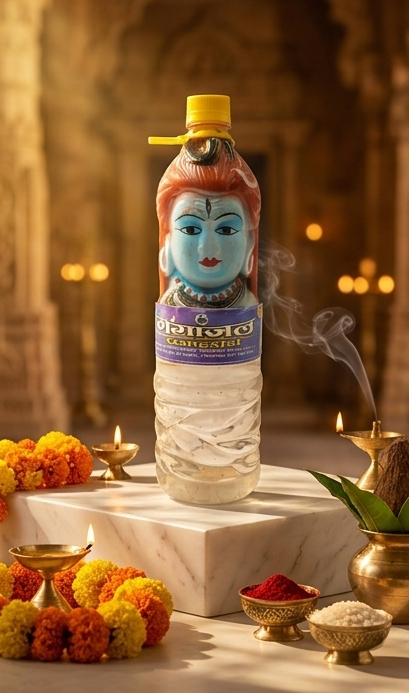 Three bottles of Swayam water with face designs on a decorative table with flowers and candles.