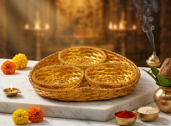 Collage of a woven golden basket on a marble surface with decorative elements.