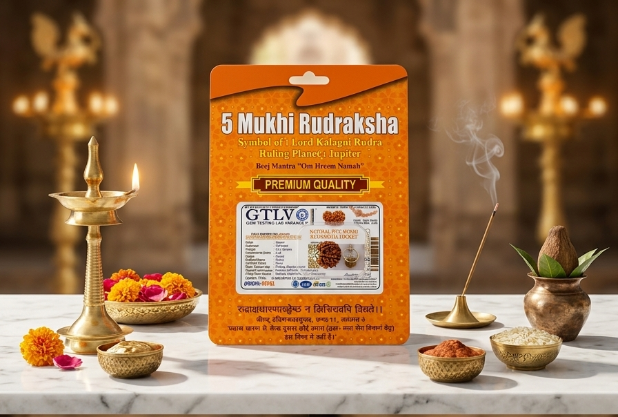 Two images of 5 Mukhi Rudraksha packaging with a blurred background of religious items.
