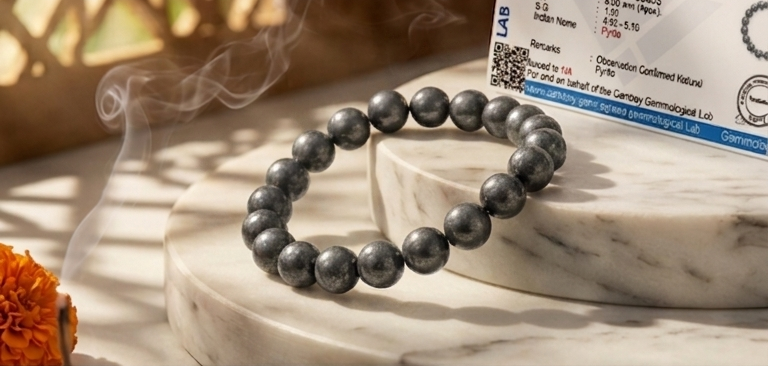 Black beaded bracelet with a label on a marble surface with decorative elements