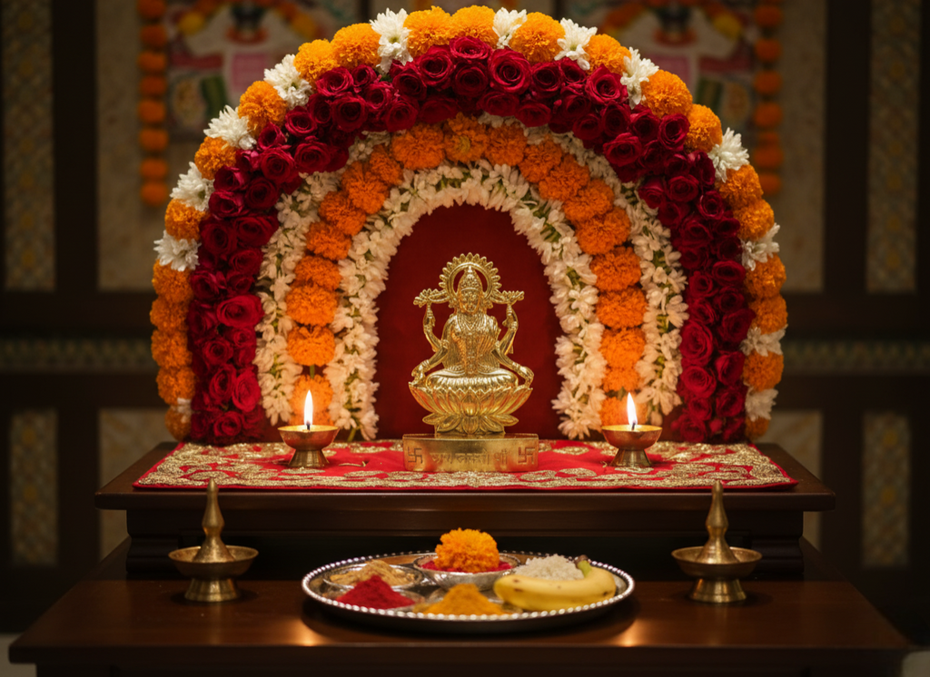 Decorative floral arch with a statue in the center on a wooden platform.