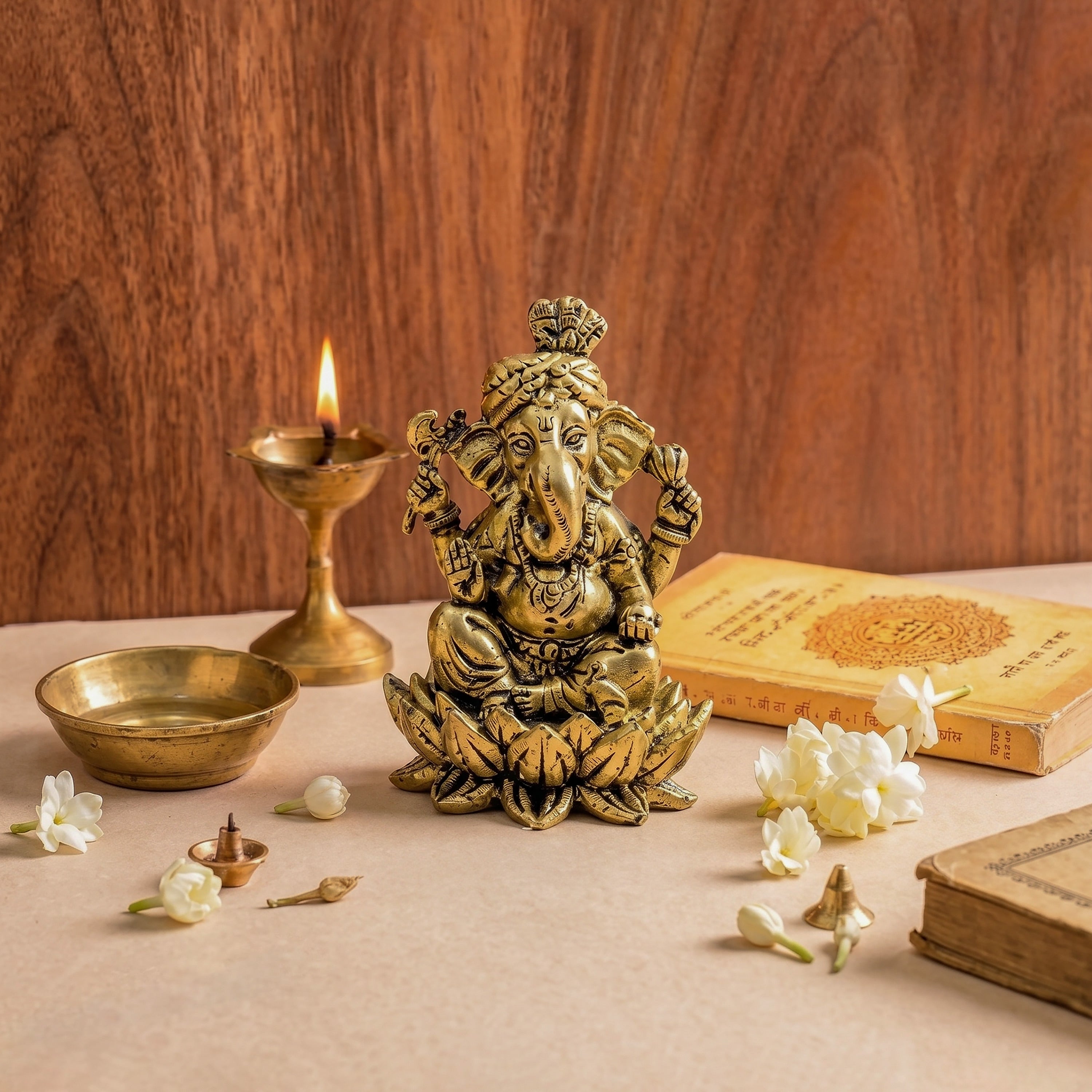 Gold-colored statue of a deity on a table with books and a candle, against a wooden background.