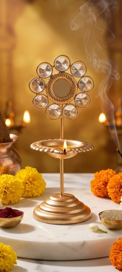 Premium Flower Design Crystal Diya