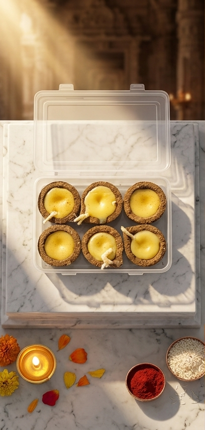 Decorative candles in a box with a warm, candlelit ambiance.