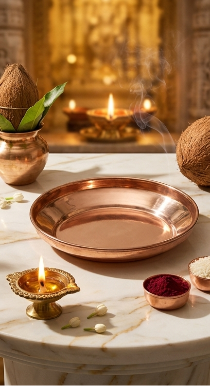 Copper plates and bowls on a marble surface with a religious setting in the background.