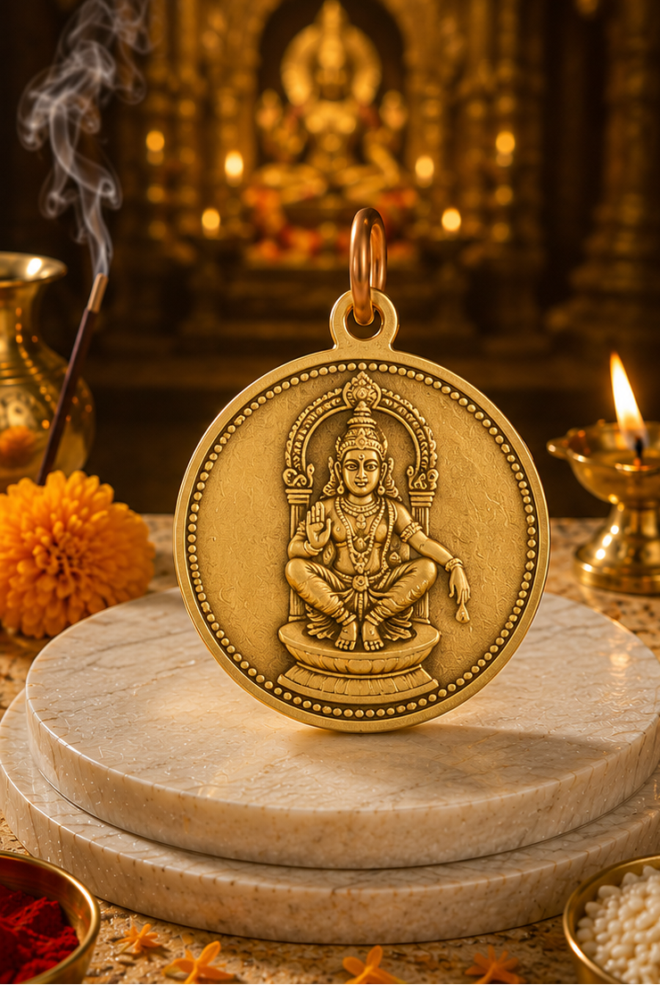 Gold pendant with religious figure on a stone platform, surrounded by decorative elements.