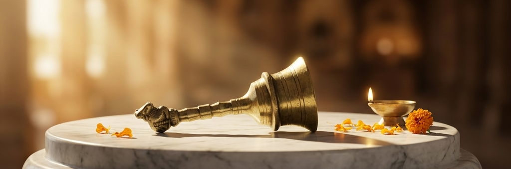 Brass bell on a marble surface with marigold flowers and a blurred background