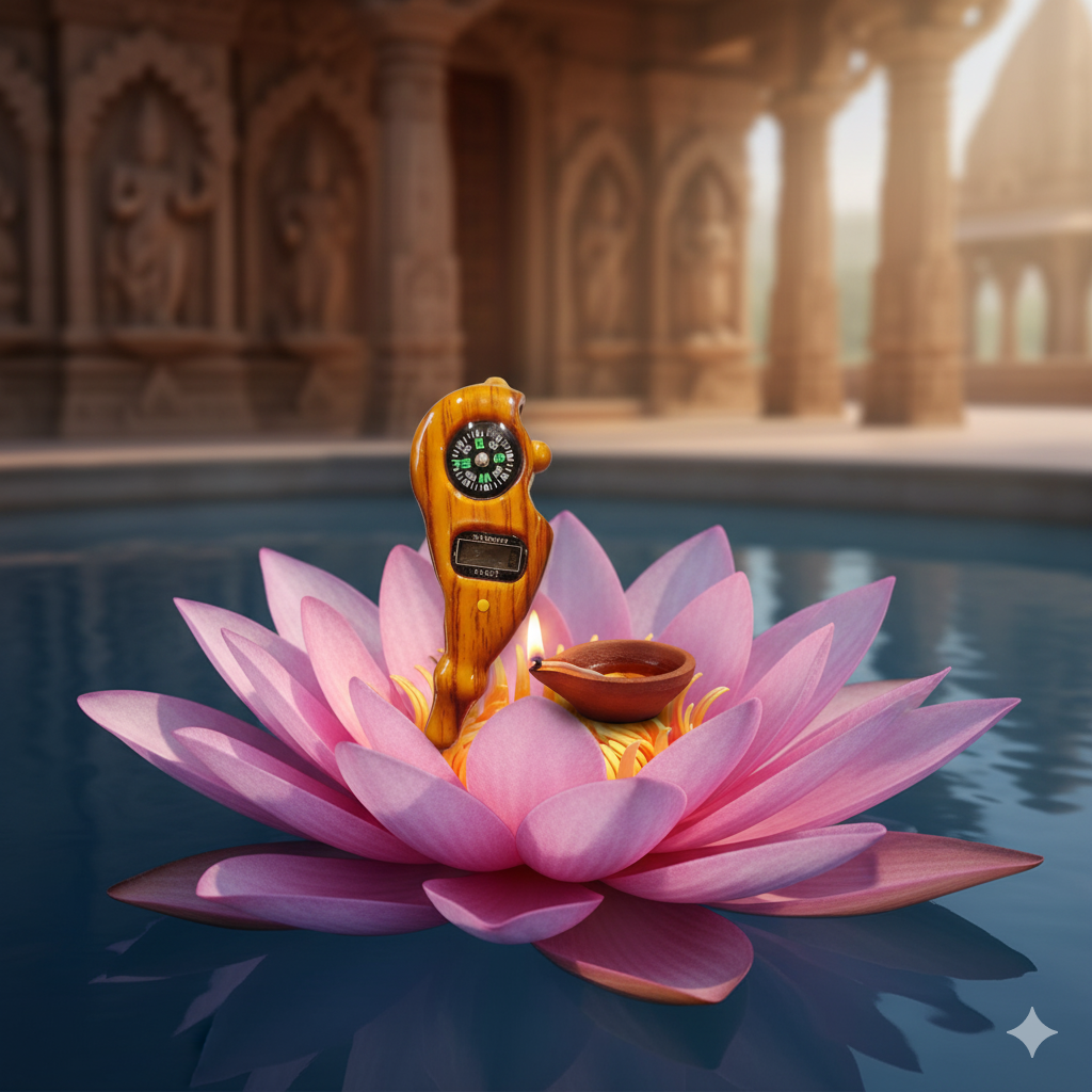 Toy car on a pink lotus flower with a temple background