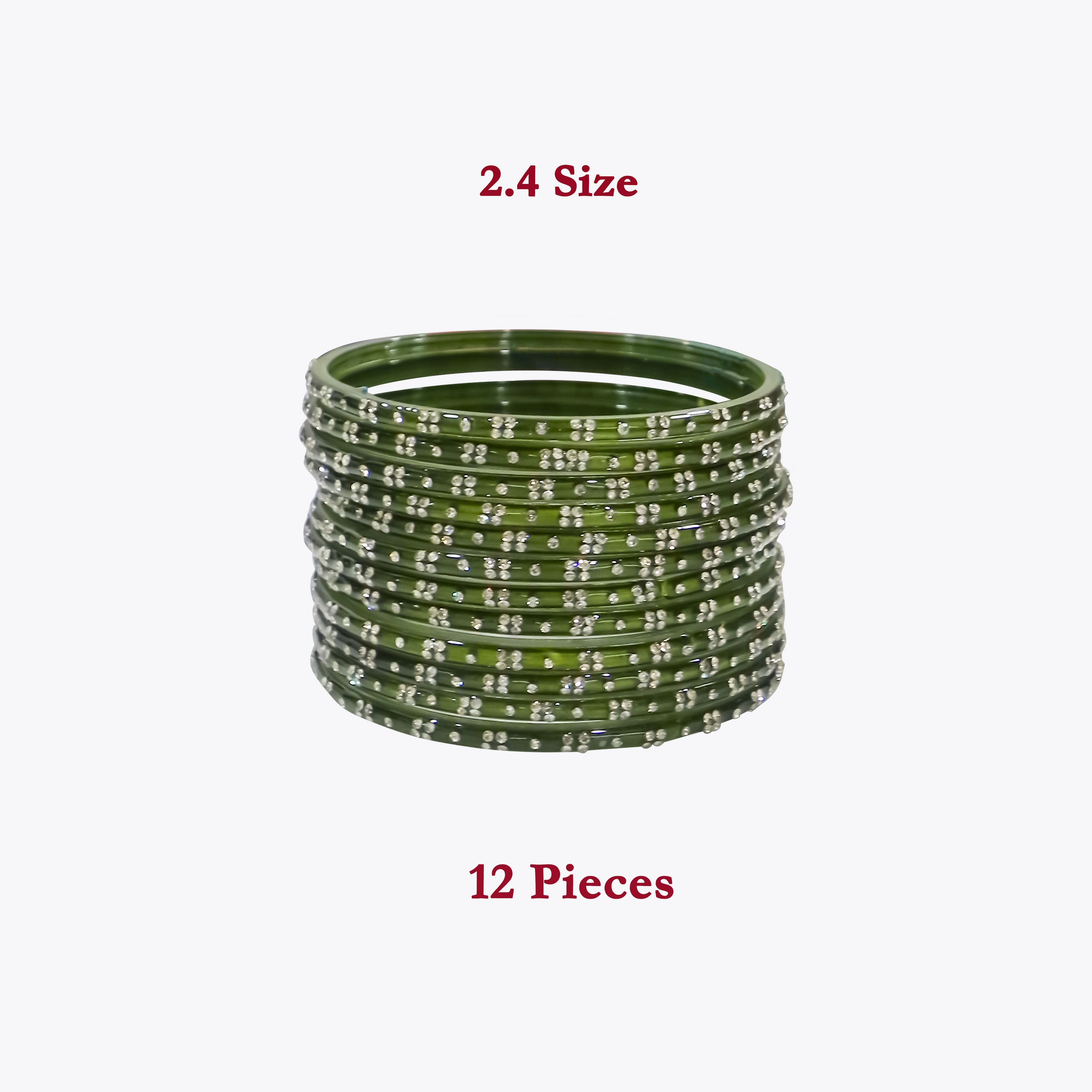 Set of green bangles with silver detailing on a white background