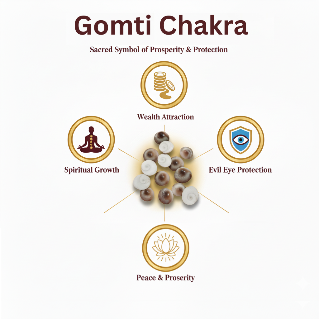 Gomti Chakra diagram with symbols and text on a white background