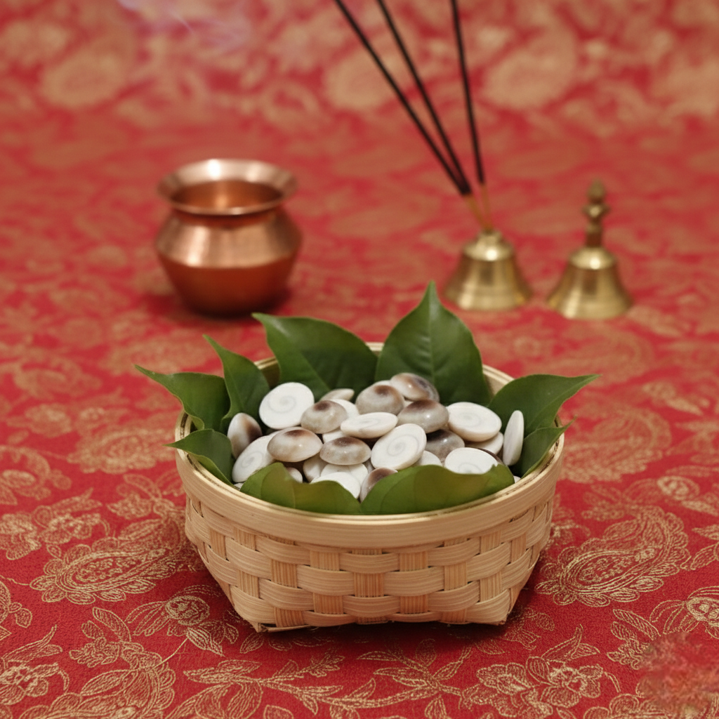Decorative basket with stones and leaves on a red patterned fabric background