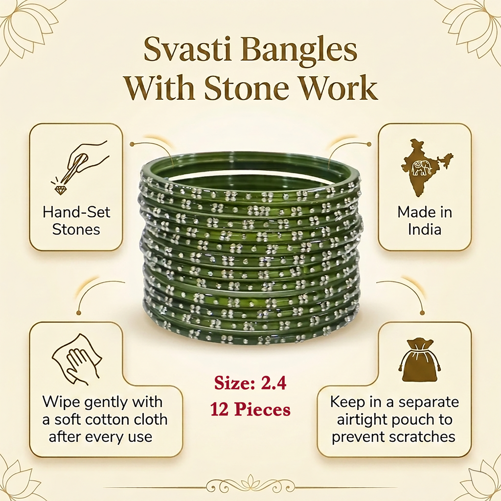Green bangles with stone work on a beige background with product details.