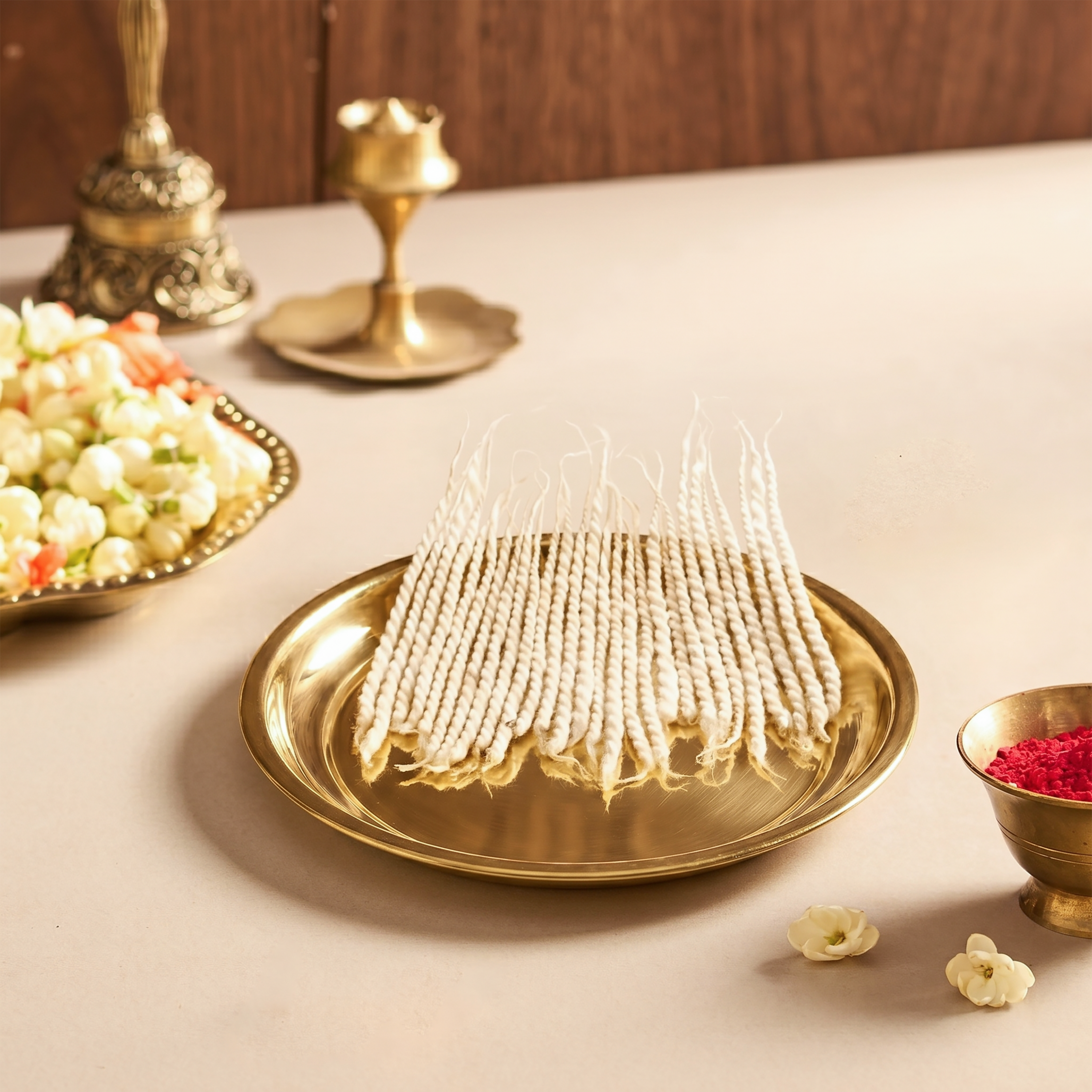 Decorative arrangement of white beads on a gold plate with other decorative items on a light background