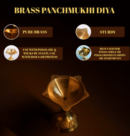 Brass Panchmukhi Diya with features listed on a dark background