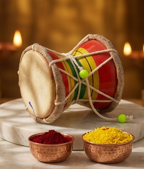 Colorful traditional drums on a decorative setup with flowers and candles.