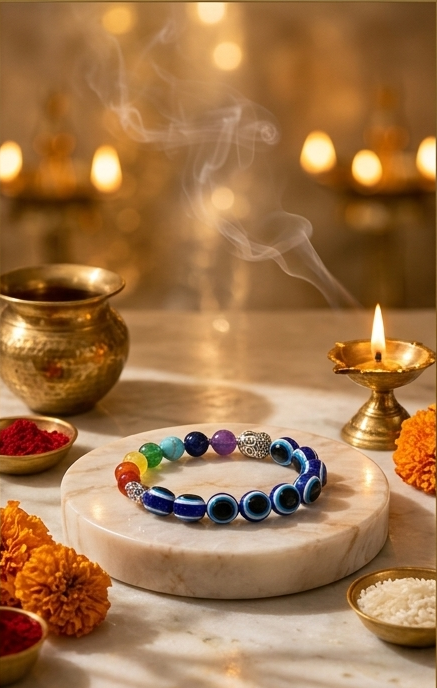 Triptych of a colorful bracelet on a marble surface with decorative items and lighting.