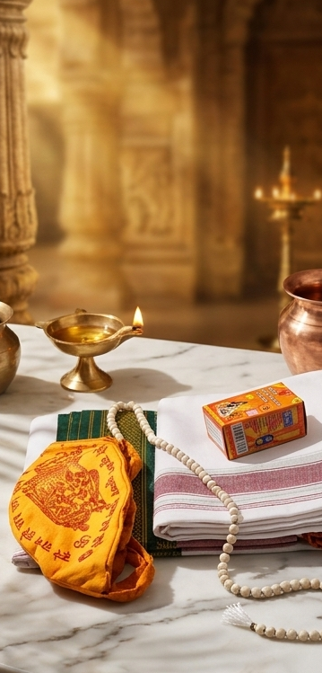Decorative items on a marble surface with a warm, blurred background