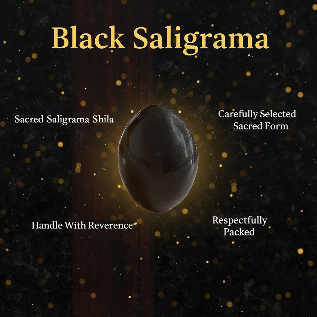 Black Saligrama stone with gold text on a dark background
