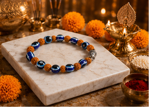 Collage of a beaded bracelet on a marble stand with decorative elements and lighting.