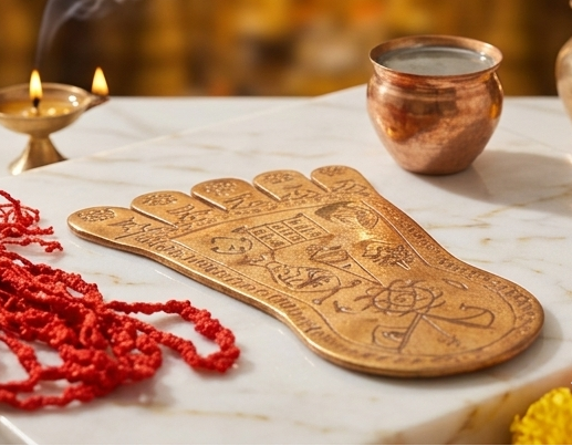 Collage of images showing a wooden foot mold, red thread, and decorative items on a marble surface with a warm background.