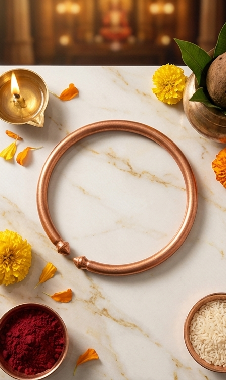 Copper rings and decorative items on a marble surface with a blurred background.