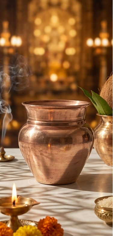 Copper pots and decorative items on a marble surface with a warm, blurred background.
