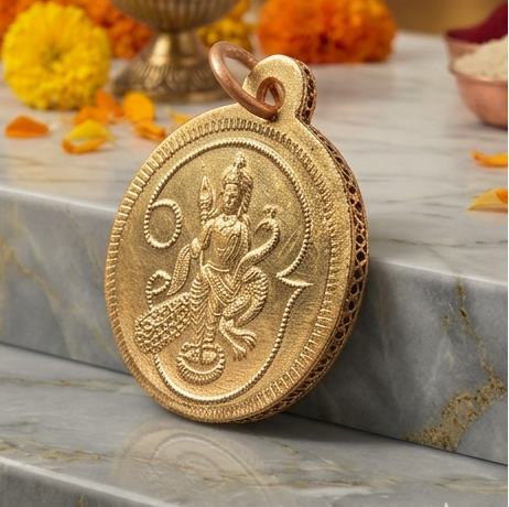Collage of gold medallions with religious symbols on a decorative setting with flowers and candles.