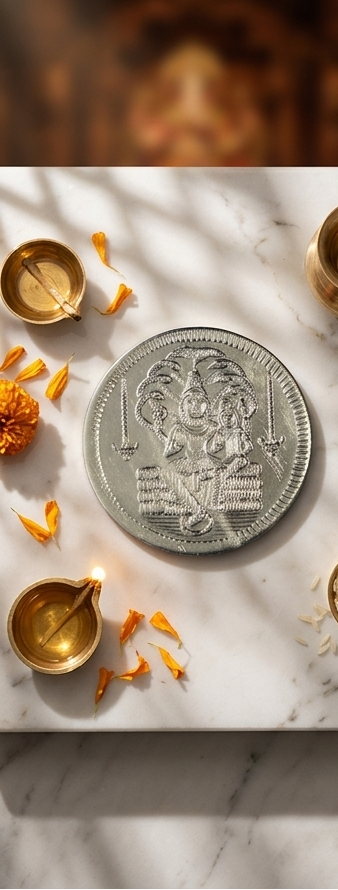 Silver coin with engraved design on a marble surface with decorative items.