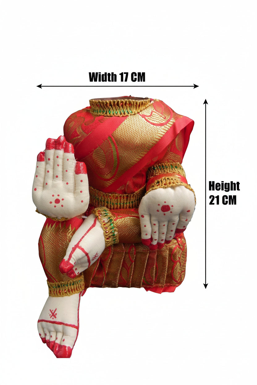 A decorative seated figurine or doll in a red and gold traditional outfit with white hands and red-painted fingertips, shown on a white background with overlaid dimension arrows labeled 17 cm width and 21 cm height.